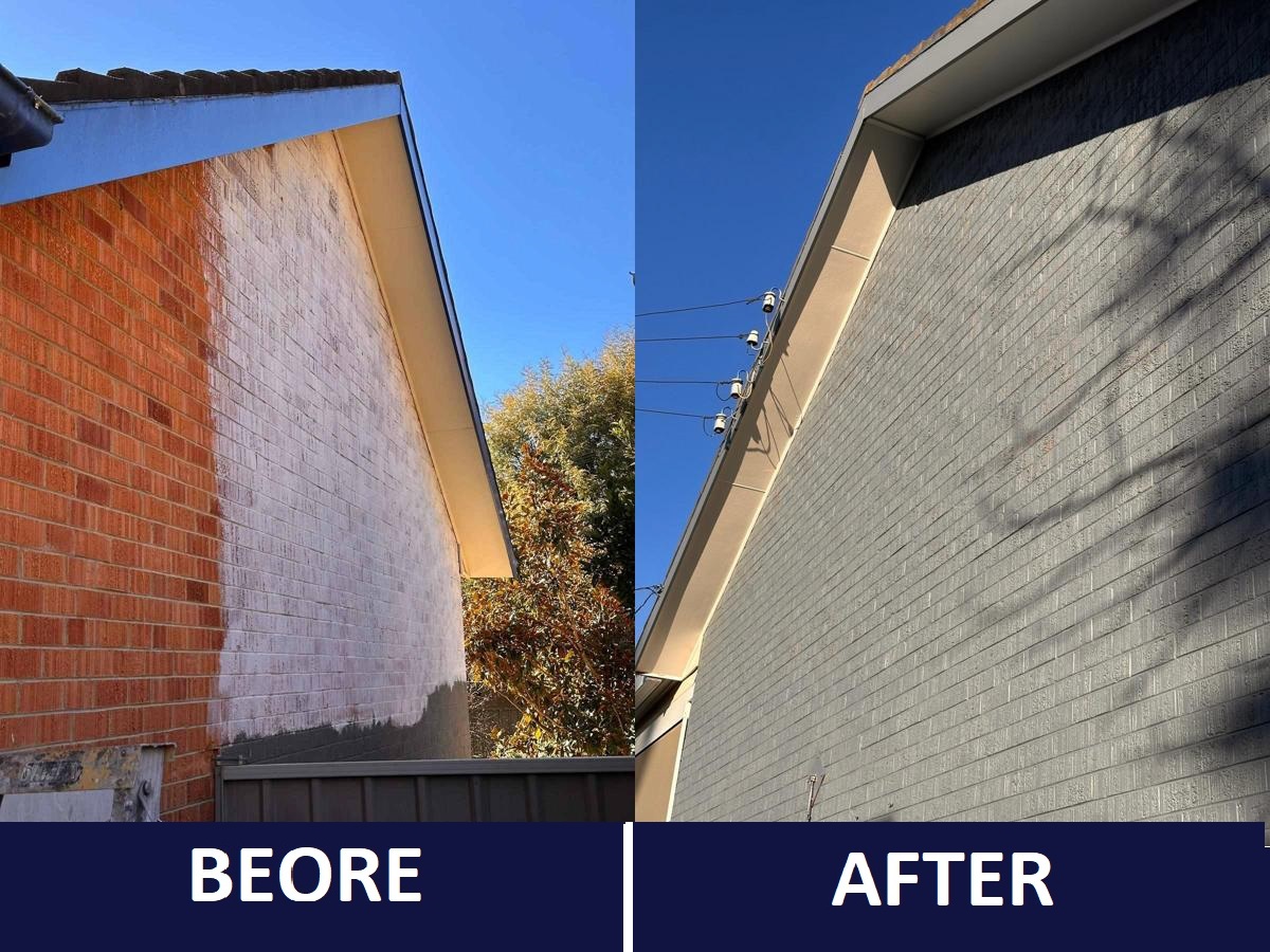 Exterior painting of a brick wall in Canberra showing before and after results.