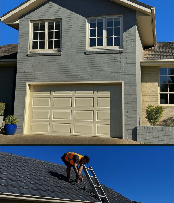 Vertical collage showing exterior painting services in Canberra, including walls, trims, roofs, decks, fences, masonry, and preparation work.