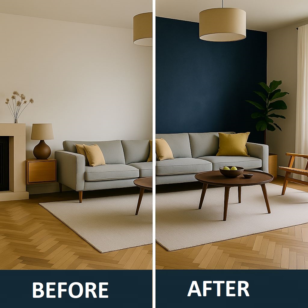Before and after comparison of a living room with a feature wall painted in Canberra.