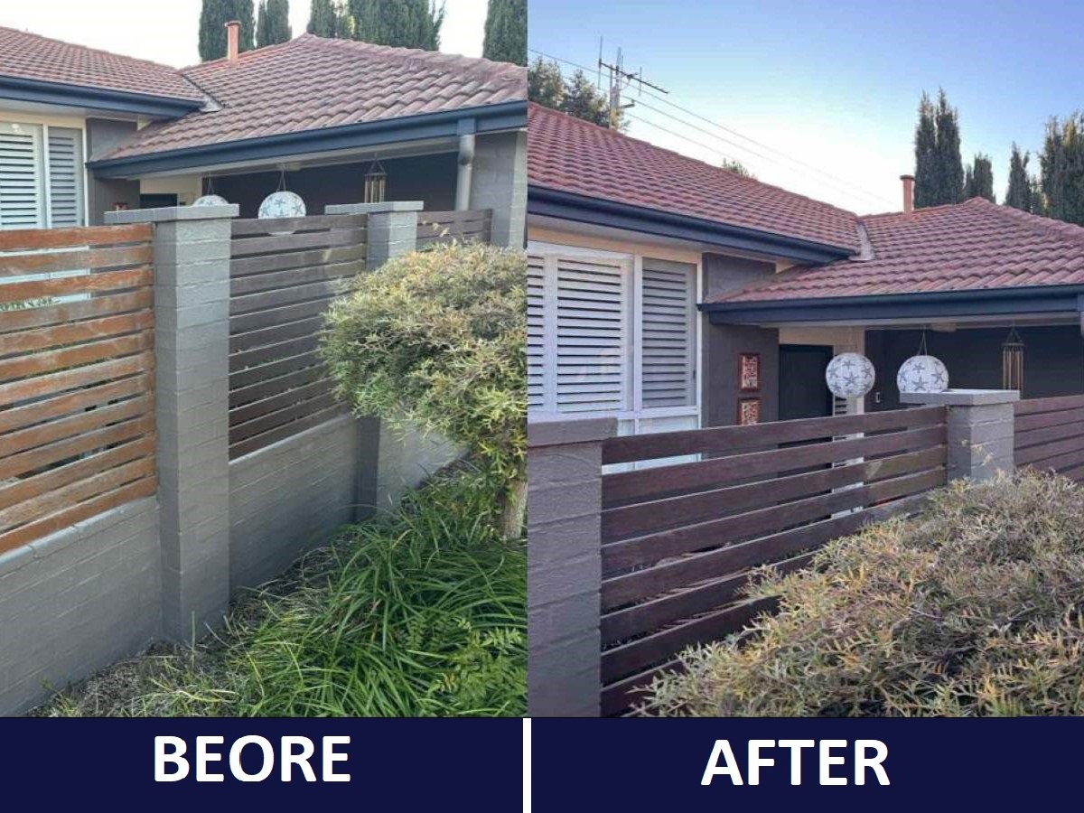 Before and after fence painting project in Canberra showing transformation from weathered timber to a sleek modern finish.