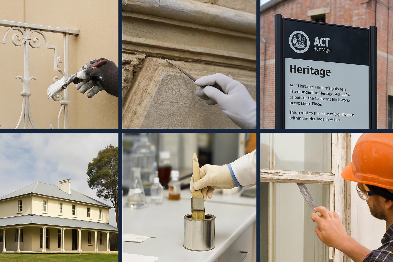 Six real photographs showing heritage painting in Canberra, including timber restoration, masonry repainting, and decorative trim work.