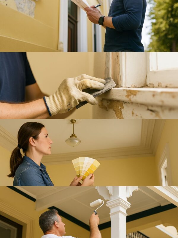 Vertical collage showing the step-by-step heritage painting process in Canberra, including inspection, surface preparation, colour consultation, painting, and final walkthrough.