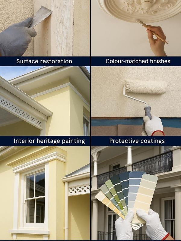 Vertical collage of heritage painting services in Canberra including restoration, colour-matched finishes, and protective coatings.