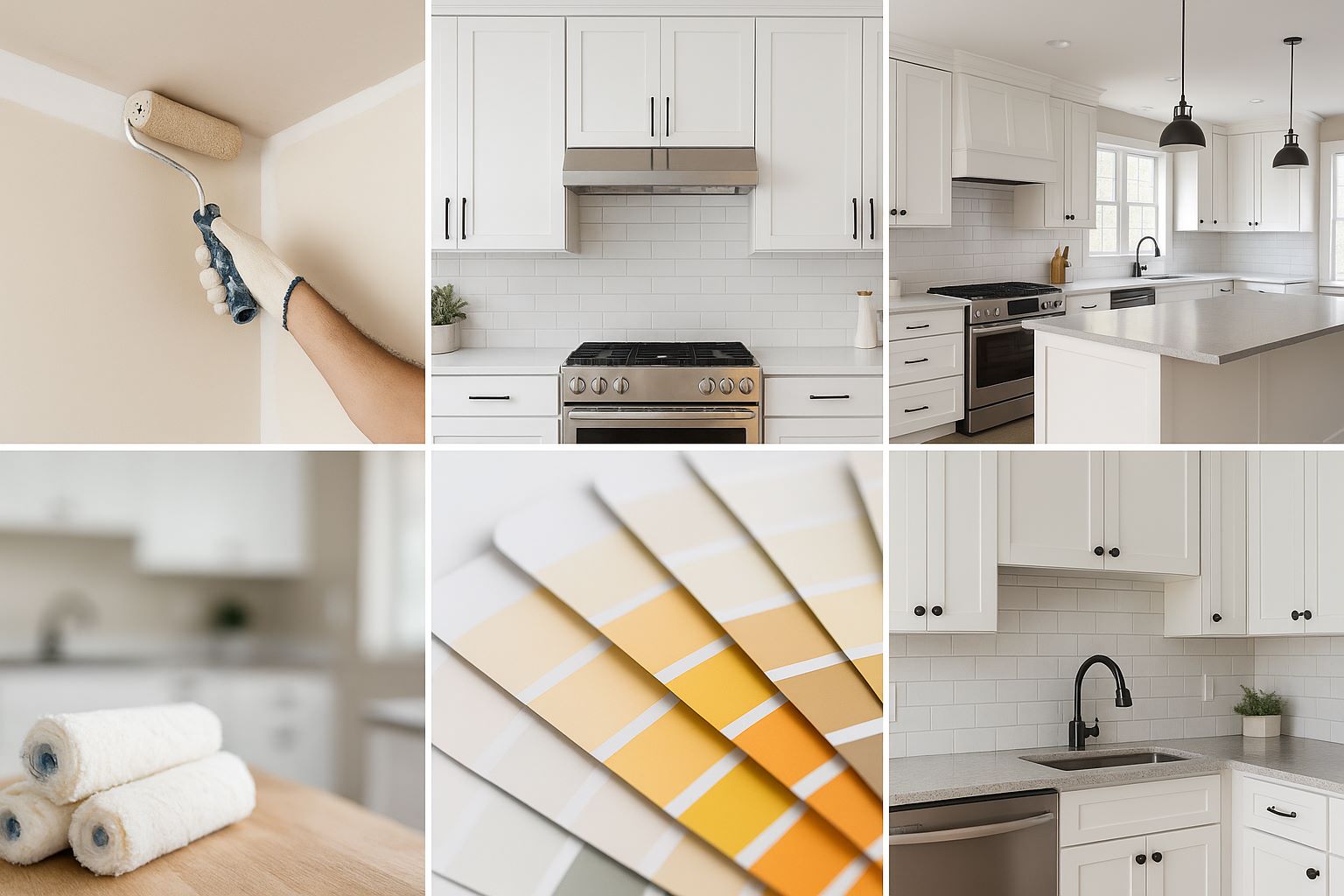 Six real kitchen photos arranged in a horizontal template showing modern finishes, cabinets, and walls painted with professional results.