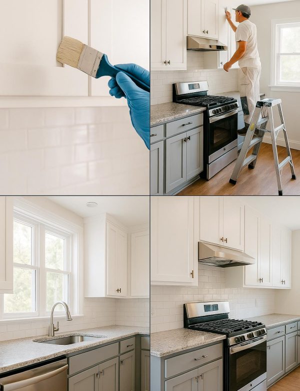 A vertical collage showing professional kitchen painting services in Canberra, including premium paints, spotless finishes, and experienced local painters.