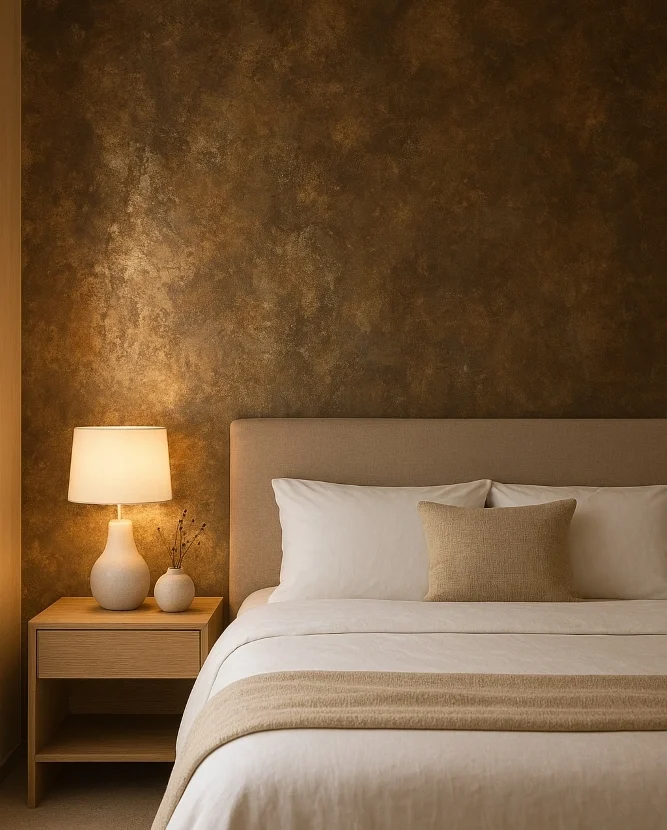 Metallic special effects wall in a Canberra bedroom with warm lighting.