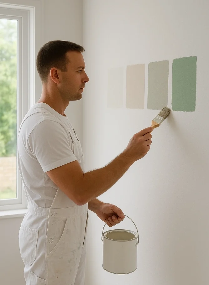 Painter applying paint samples during colour consultation in Canberra.
