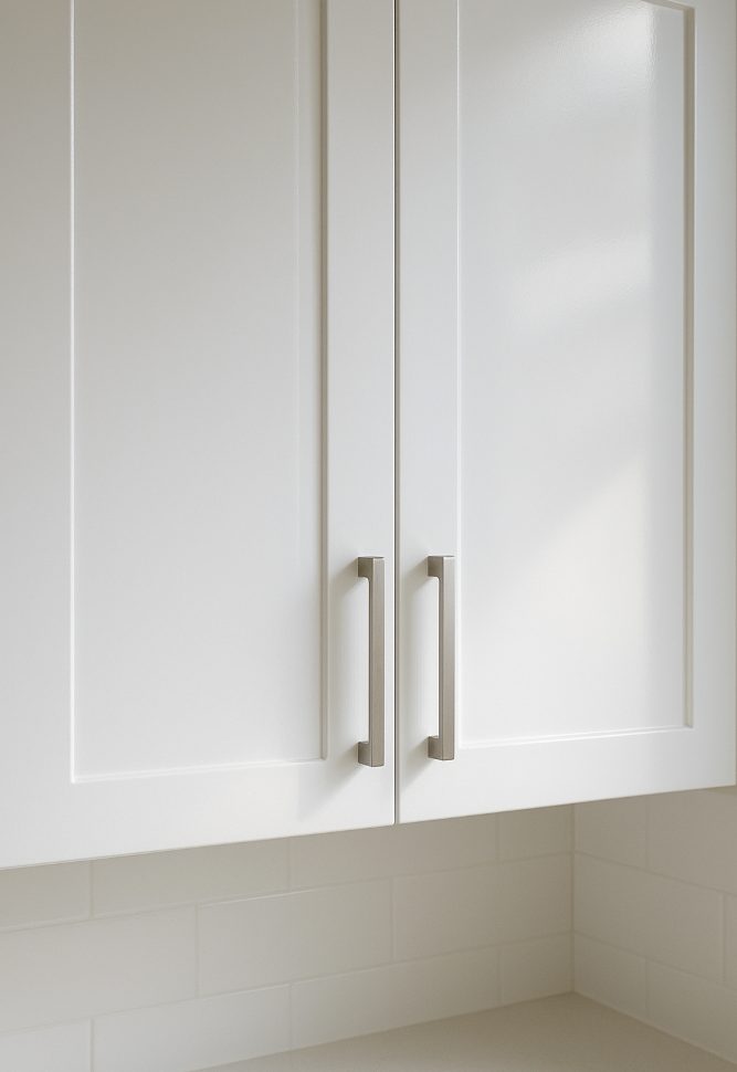 Smooth spray-painted kitchen cabinets in Canberra home.