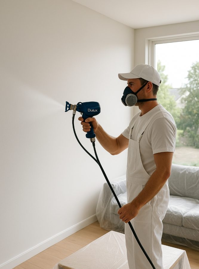 Spray painter in Canberra applying Dulux paint with spray gun.