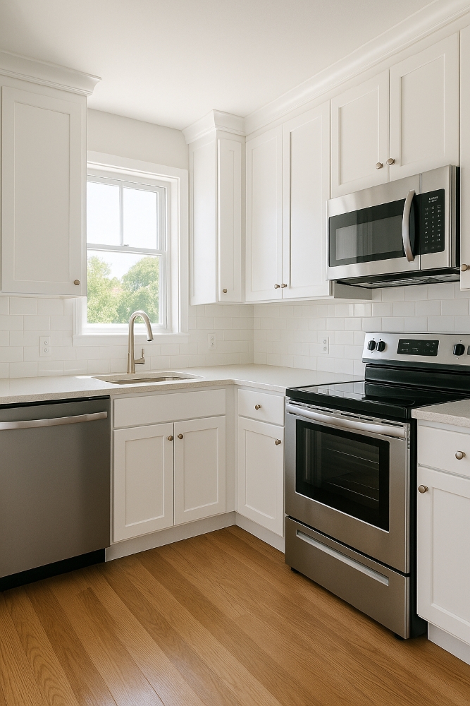 Freshly painted white kitchen cabinets in Canberra home