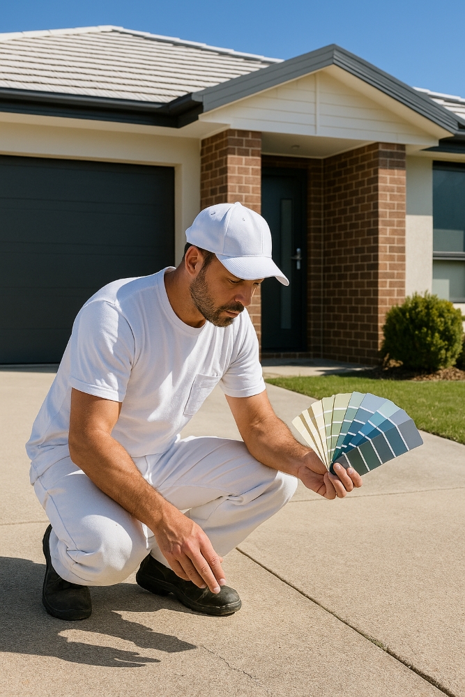 Painter assessing a driveway in Canberra before painting.