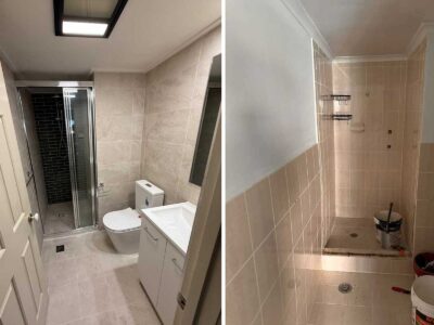 Before and after small bathroom renovation in Griffith Canberra showing full transformation